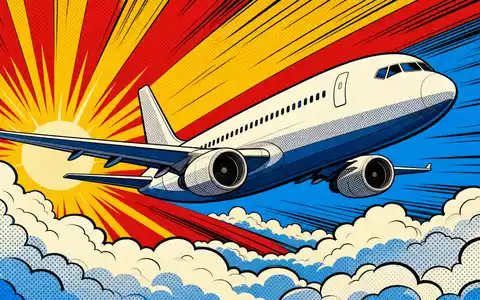 International Consolidated Airlines Group S.A. (ES0177542018): farbenfrohe Pop-Art-Comic-Szene zeigt ein Flugzeug über den Wolken - Foto: THN