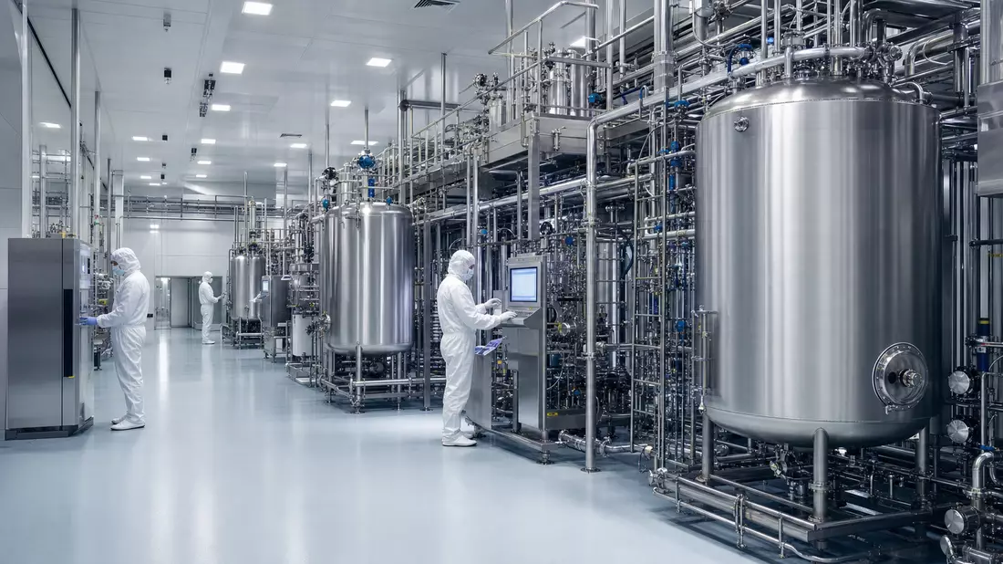 Fotorealistische Plasma-Fraktionierungsanlage, Biotech-Produktion, unbeschriftete Industriehalle