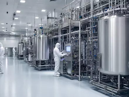 Fotorealistische Ansicht einer Plasma-Fraktionierungsanlage zeigt Grifols S.A. ES0171996087 in moderner Biotech-Produktion mit Reinraumtechnik - Foto: THN