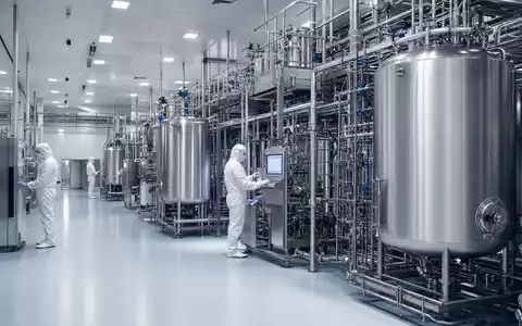 Fotorealistische Ansicht einer Plasma-Fraktionierungsanlage zeigt Grifols S.A. ES0171996087 in moderner Biotech-Produktion mit Reinraumtechnik - Foto: THN