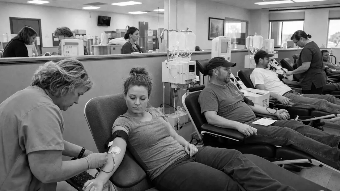 Schwarzweiß-Reportagefoto einer Plasma-Spendeklinik mit Personal und Spendern