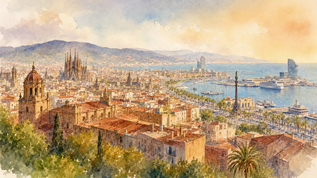 Aquarellbild von Barcelona mit Hafen, Bergen und mediterranem Licht