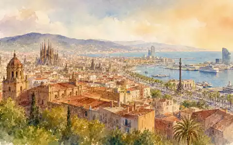 Aquarellmalerei zeigt die Küstenstadt Barcelona als Sitz von Grifols S.A. ES0171996087 in weichen, warmen Farbtönen - Foto: THN