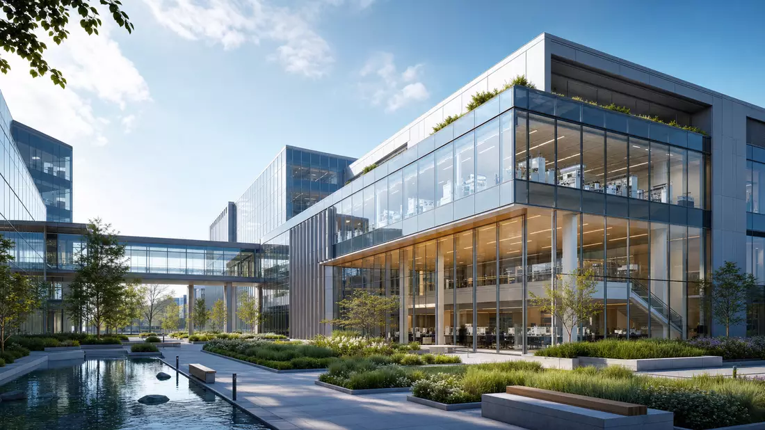 3D-Architekturrender eines modernen Biotech-Forschungscampus mit Glasfassade