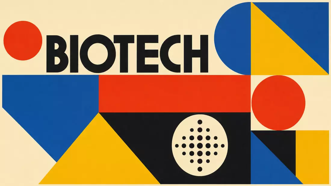 Bauhaus-Poster mit geometrischen Formen und dem Schriftzug BIOTECH