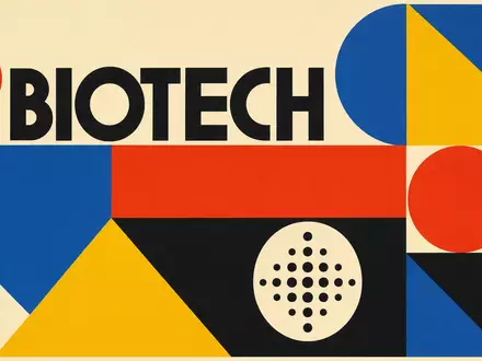 Bauhaus-Poster mit geometrischen Formen und dem Wort BIOTECH repräsentiert die Branche von Grifols S.A. ES0171996087 - Foto: THN