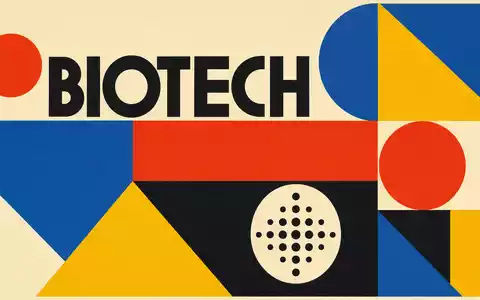 Bauhaus-Poster mit geometrischen Formen und dem Wort BIOTECH repräsentiert die Branche von Grifols S.A. ES0171996087 - Foto: THN