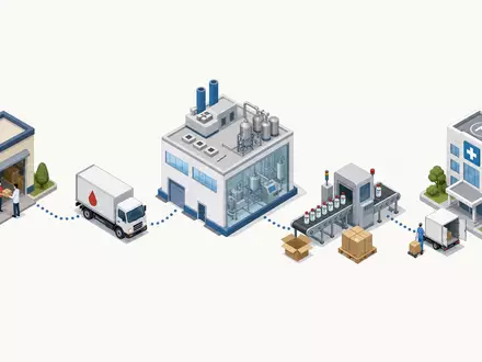 Isometrische 3D-Illustration zeigt die Wertschöpfungskette von der Plasmaspende bis zum Medikament bei Grifols S.A. ES0171996087 - Foto: THN