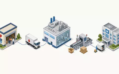 Isometrische 3D-Illustration zeigt die Wertschöpfungskette von der Plasmaspende bis zum Medikament bei Grifols S.A. ES0171996087 - Foto: THN
