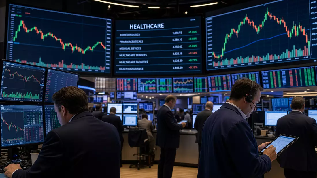 Editorialfoto eines Trading-Floors mit Kurscharts und Gesundheitsdaten-Bildschirmen