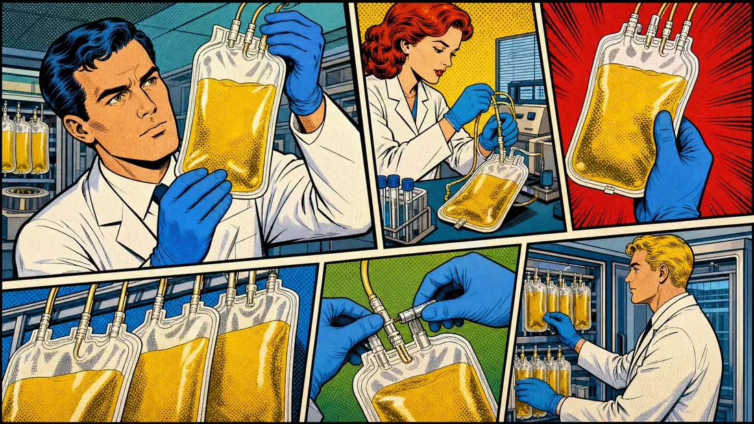 Pop-Art-Comic mit Labortechnikern, Plasmabeuteln und Halbtonpunkten