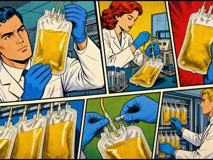Pop-Art-Comic-Szene mit Labortechnikern und Plasmabeuteln visualisiert farbenfroh die Branche von Grifols S.A. ES0171996087 - Foto: THN