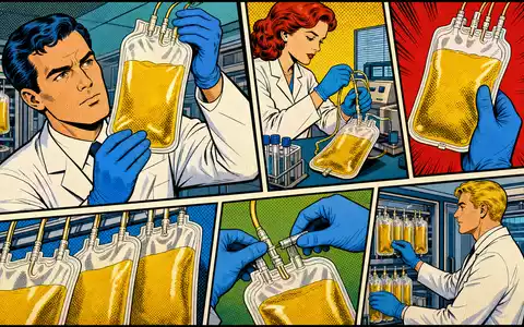 Pop-Art-Comic-Szene mit Labortechnikern und Plasmabeuteln visualisiert farbenfroh die Branche von Grifols S.A. ES0171996087 - Foto: THN