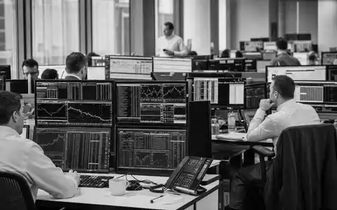 SchwarzweiĂ-Reportage zeigt Trader an Handelsbildschirmen, symbolisiert Brokerage-GeschĂ€ft der FinecoBank S.p.A., ISIN IT0000072170 - Foto: THN