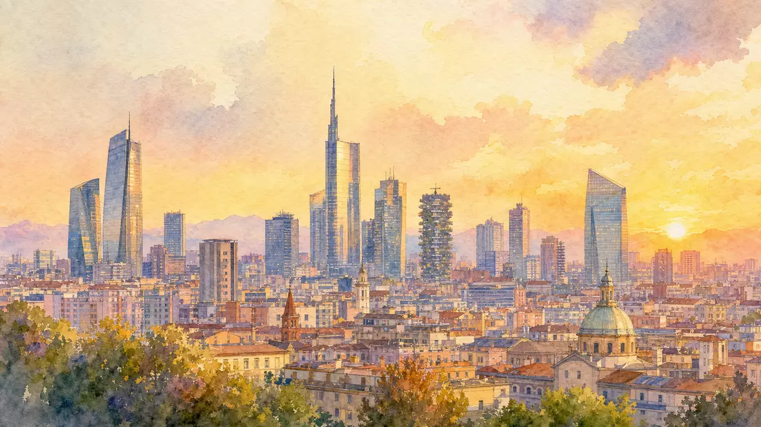 Aquarellmalerei der Skyline von Mailand mit warmen Pastelltönen