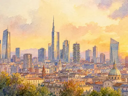 Aquarellbild der Mailänder Skyline symbolisiert Heimatstandort der FinecoBank S.p.A., ISIN IT0000072170, an der Borsa Italiana - Foto: THN