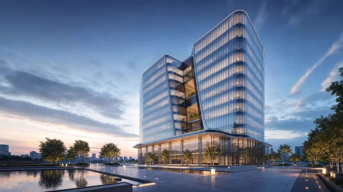 3D-Architekturrender eines futuristischen Bankgebäudes mit Glasfassade
