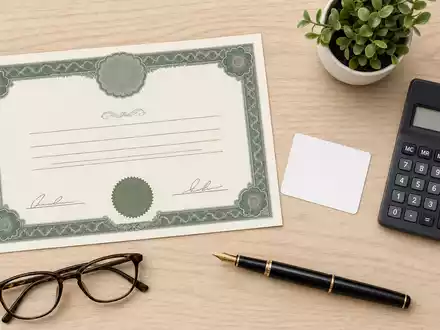Flatlay-Arrangement mit Aktienzertifikat und ISIN-Karte repräsentiert FinecoBank S.p.A., ISIN IT0000072170, als Direktbankaktie - Foto: THN