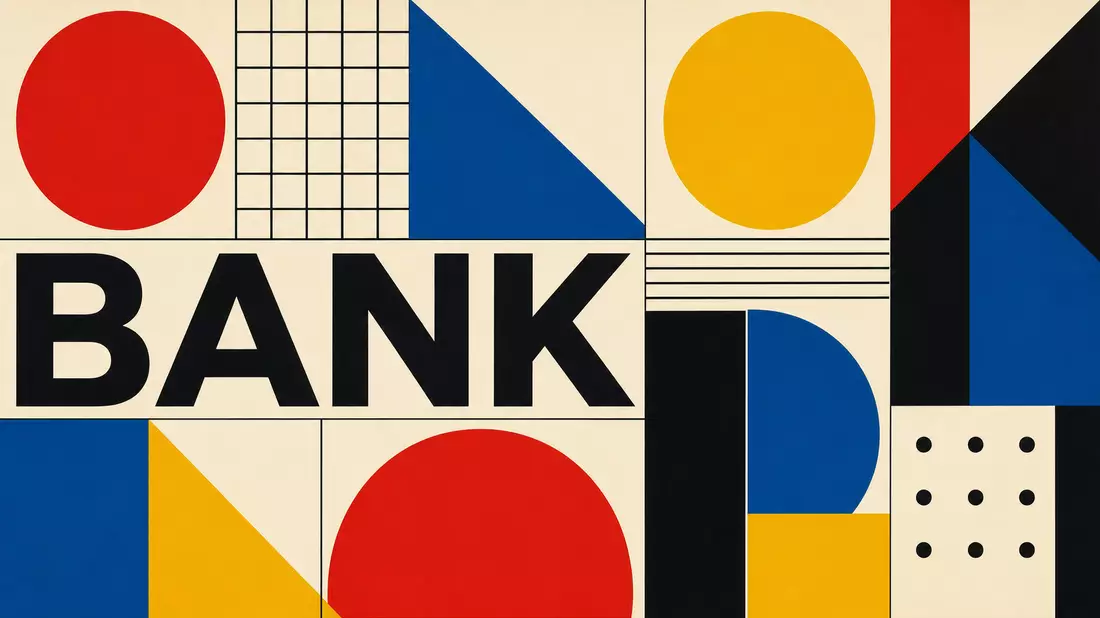 Geometrisches Bauhaus-Poster mit Kreisen, Linien und dem Wort BANK