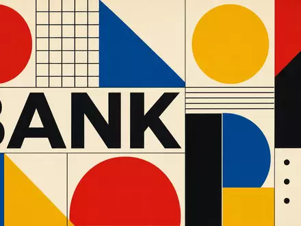 Bauhaus-Poster mit geometrischen Formen und Text BANK symbolisiert Bankensektor der FinecoBank S.p.A., ISIN IT0000072170 - Foto: THN