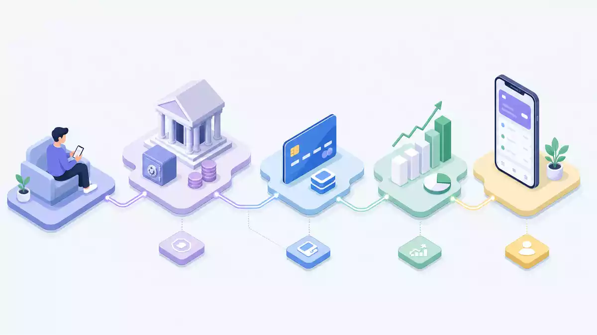 Isometrische 3D-Illustration einer Bank-Wertschöpfungskette mit Icons