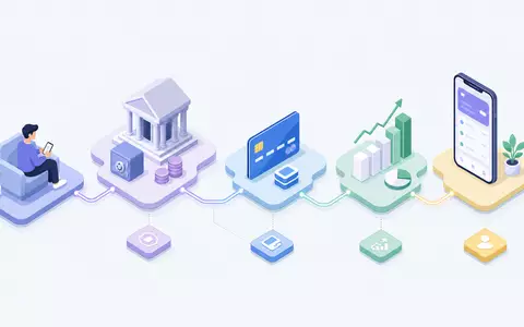 Isometrisches 3D-Diagramm zeigt Wertschöpfungskette einer Direktbank, passend zu FinecoBank S.p.A., ISIN IT0000072170 - Foto: THN