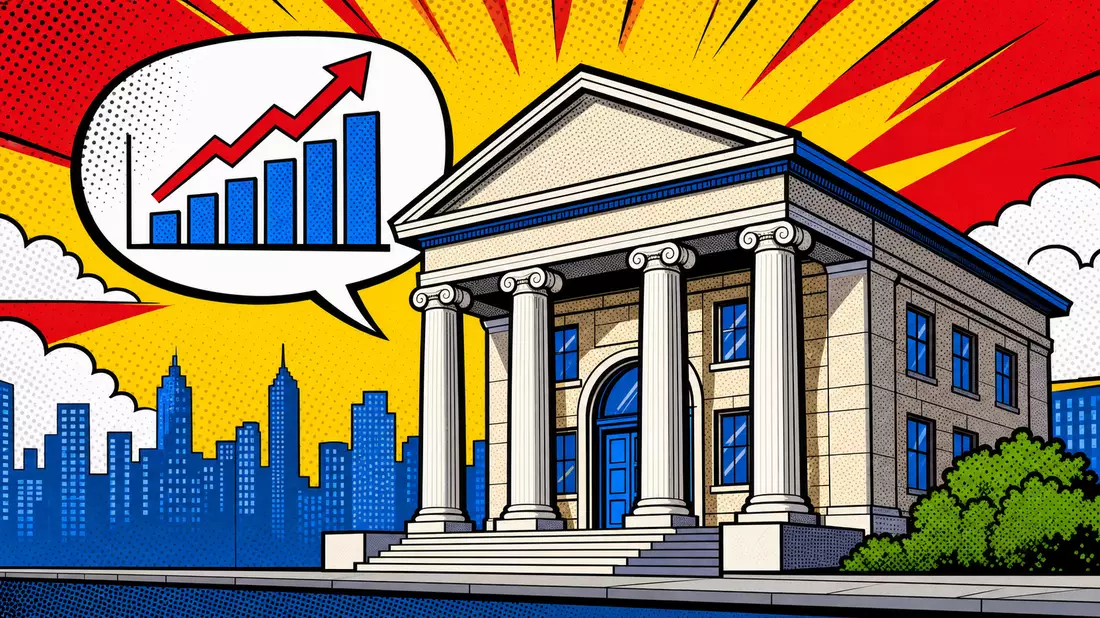 Bunte Pop-Art-Comic-Szene mit Bankgebäude und Börsensymbolen
