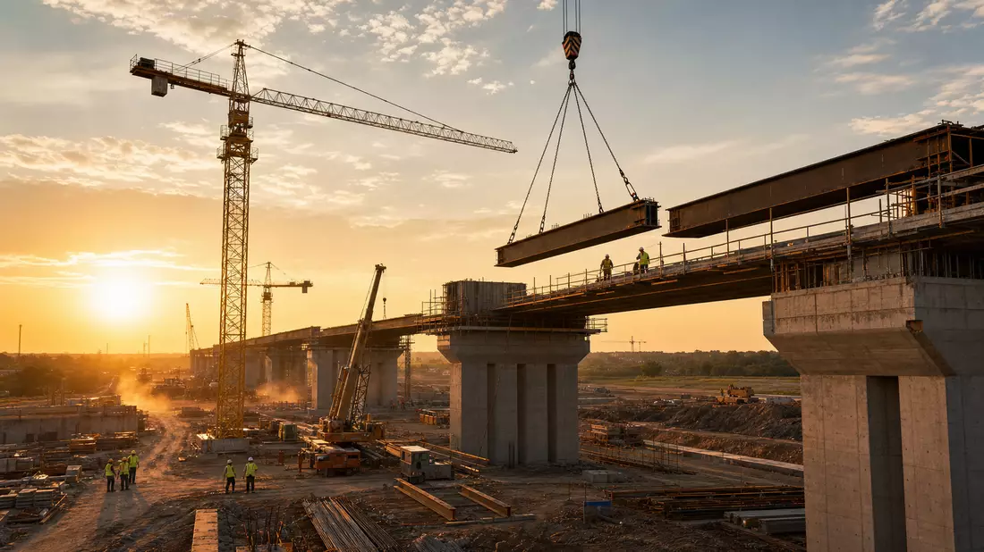 Fotorealistische Großbaustelle mit Kränen, Brückenbau und Infrastrukturprojekt bei Sonnenuntergang