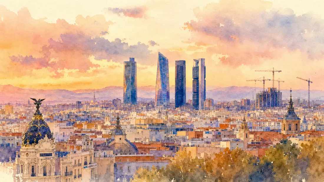Aquarellbild der Madrider Skyline mit Bürotürmen in weichen Pastelltönen