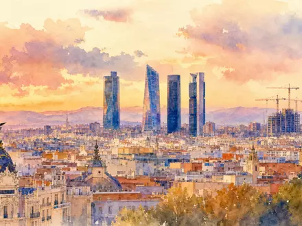 Aquarellmalerei zeigt Madrid-Skyline: ACS Actividades de Construcción y Servicios S.A. (ES0167050915) symbolisiert spanische Bauwirtschaft künstlerisch - Foto: THN