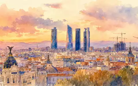 Aquarellmalerei zeigt Madrid-Skyline: ACS Actividades de Construcción y Servicios S.A. (ES0167050915) symbolisiert spanische Bauwirtschaft künstlerisch - Foto: THN