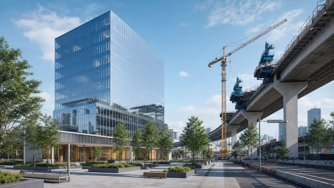 3D-Architekturrender eines modernen Glas-Hochhauses mit Infrastrukturbrücke im Hintergrund