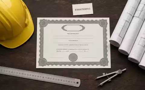 Flatlay-Arrangement kombiniert Aktienzertifikat und ISIN-Karte: ACS Actividades de Construcción y Servicios S.A. (ES0167050915) mit Baustellen-Utensilien - Foto: THN