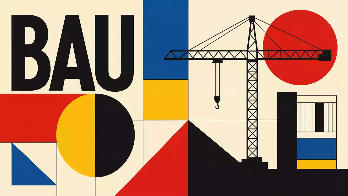 Bauhaus-Poster mit geometrischen Formen und dem Text BAU in kräftigen Farben