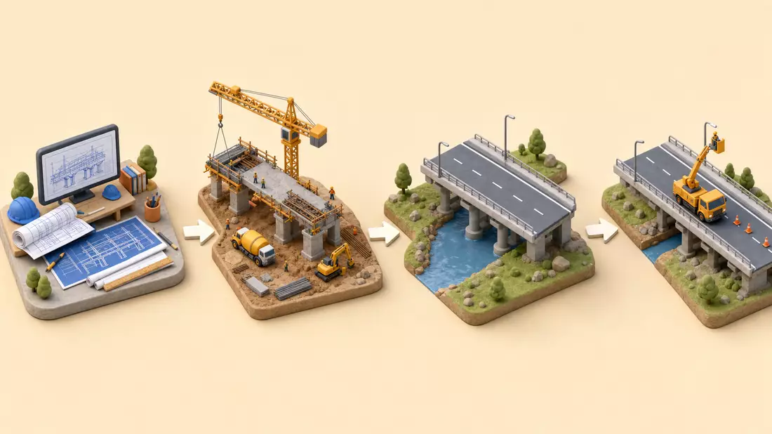 Isometrische 3D-Illustration einer Bau-Wertschöpfungskette von Planung bis Infrastrukturbetrieb