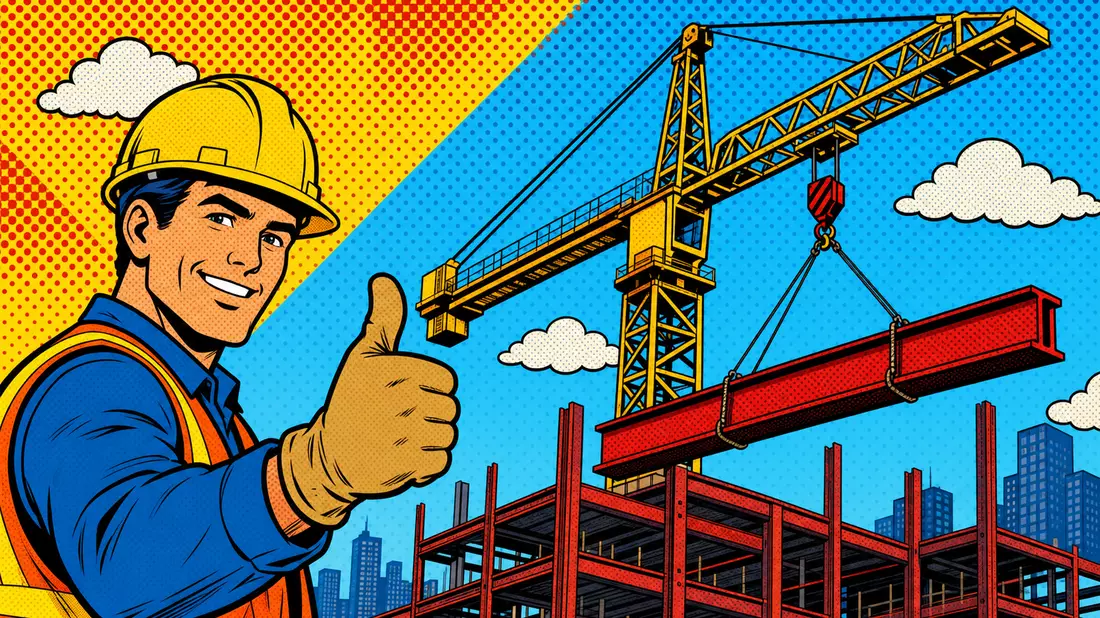 Pop-Art-Comic-Illustration einer Baustelle mit Kran und Bauarbeiter in knalligen Farben