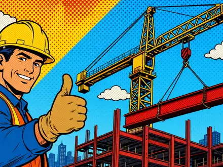 Pop-Art-Comic-Szene zeigt stilisierte Baustelle: ACS Actividades de Construcción y Servicios S.A. (ES0167050915) in bunter Comic-Baubranche-Darstellung - Foto: THN