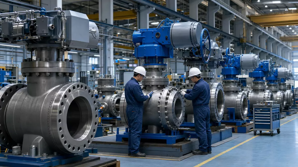 Arbeiter montieren große Industrieventile in moderner Fabrikhalle mit blauen Aktuatoren