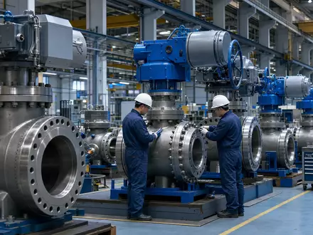 IMI plc GB00B1905F76 zeigt Industriearbeiter bei sorgfältiger Präzisionsmontage großer Ventile in moderner Fabrikhalle - Foto: THN