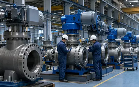 IMI plc GB00B1905F76 zeigt Industriearbeiter bei sorgfältiger Präzisionsmontage großer Ventile in moderner Fabrikhalle - Foto: THN