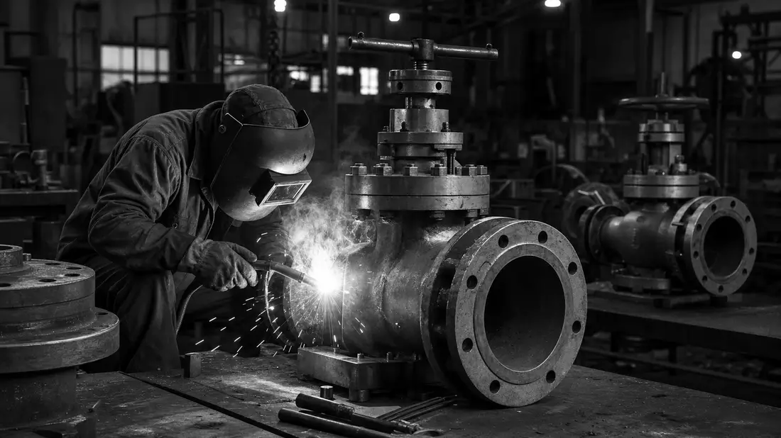 Schwarzweiß-Reportagefoto eines Schweißers an massivem Industrieventil in Werkshalle