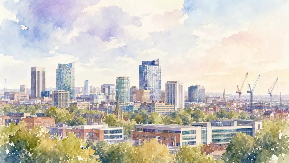 Aquarellmalerei der Birmingham Skyline mit Bürogebäuden und Baukränen im Hintergrund