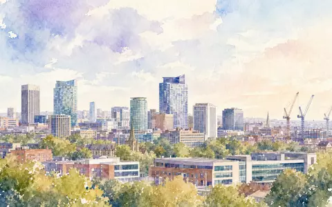IMI plc GB00B1905F76 präsentiert die Birmingham Skyline in sanfter Aquarell-Optik mit Baukränen und Wolken - Foto: THN