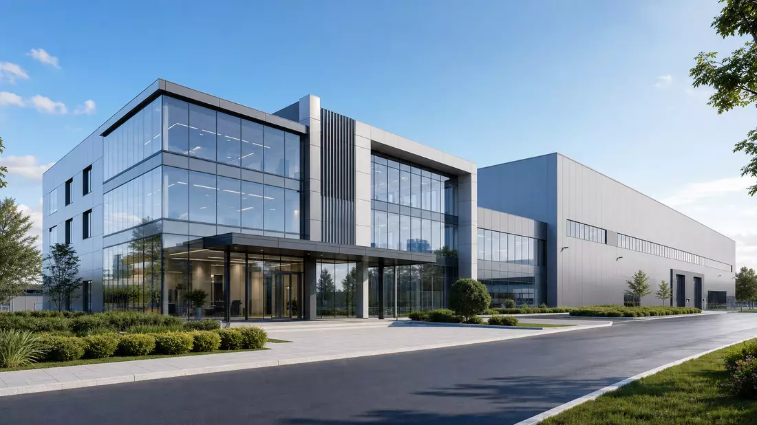 Architektur-Rendering eines modernen Glas-Bürogebäudes neben großer Industrieproduktionshalle