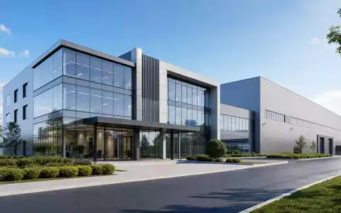 IMI plc GB00B1905F76 zeigt einen modernen Architektur-Render eines Ingenieur-Hauptsitzes neben großer Produktionshalle - Foto: THN