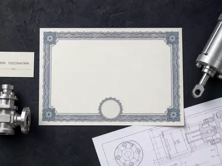 IMI plc GB00B1905F76 kombiniert ein Aktienzertifikat, eine ISIN-Karte und ein Präzisionsventil im Flatlay-Arrangement - Foto: THN