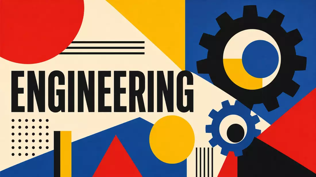 Bauhaus-Poster mit geometrischen Formen, Zahnrädern und großer Typografie ENGINEERING
