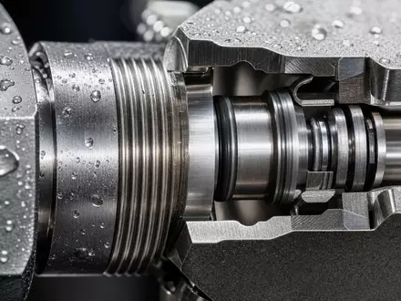 IMI plc GB00B1905F76 zeigt eine Makroaufnahme eines präzise gefertigten Edelstahl-Ventilmechanismus mit feinen Wassertropfen - Foto: THN