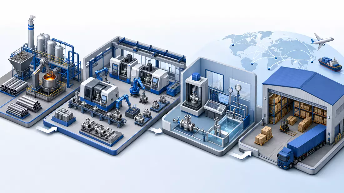 Isometrische 3D-Illustration einer industriellen Wertschöpfungskette mit Fertigung und Logistik