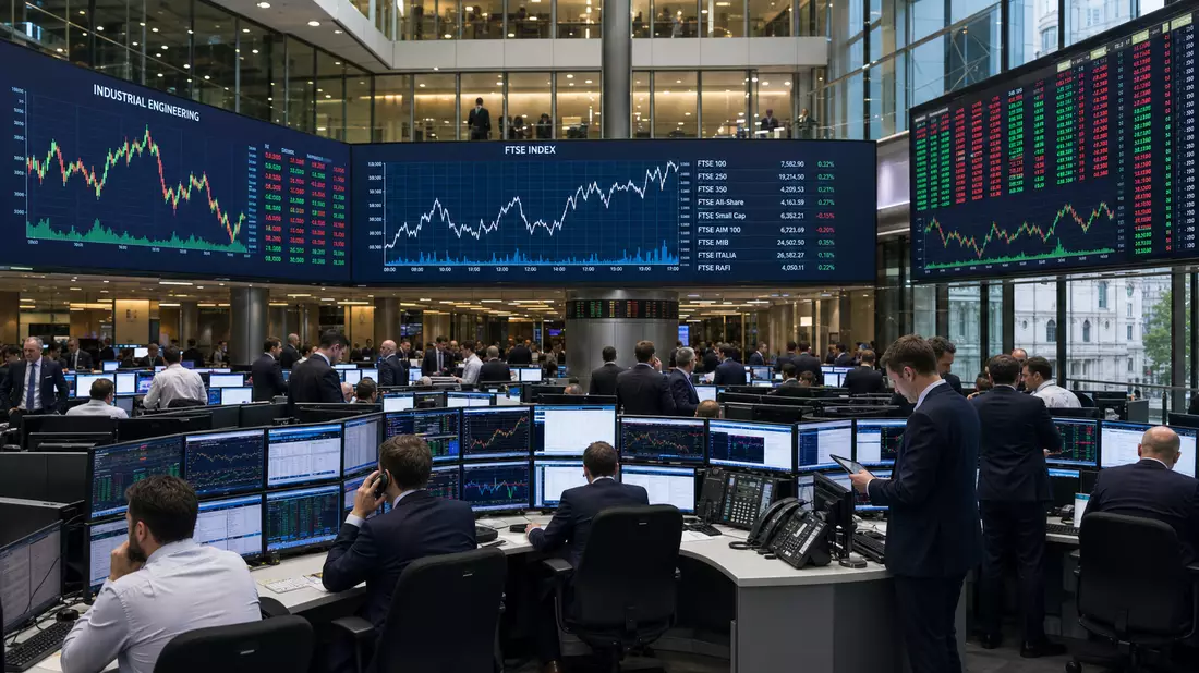 Handelssaal der Londoner Börse mit Bildschirmen für Industrieengineering-Charts und FTSE-Index